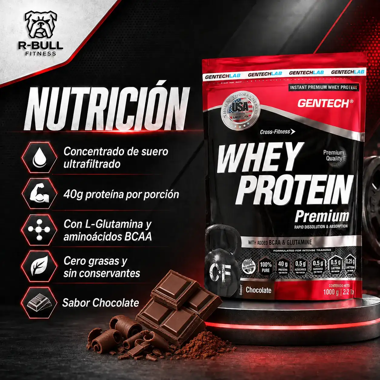 Whey Protein Premium 1Kg Gentech - Sabor Chocolate