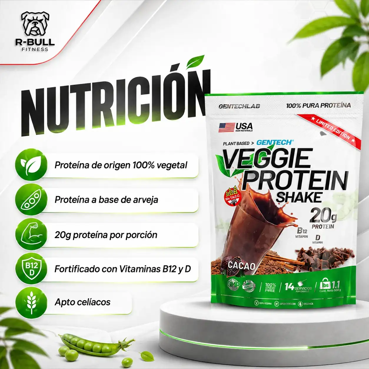 Veggie Protein Shake Gentech 500g Sabor Cacao